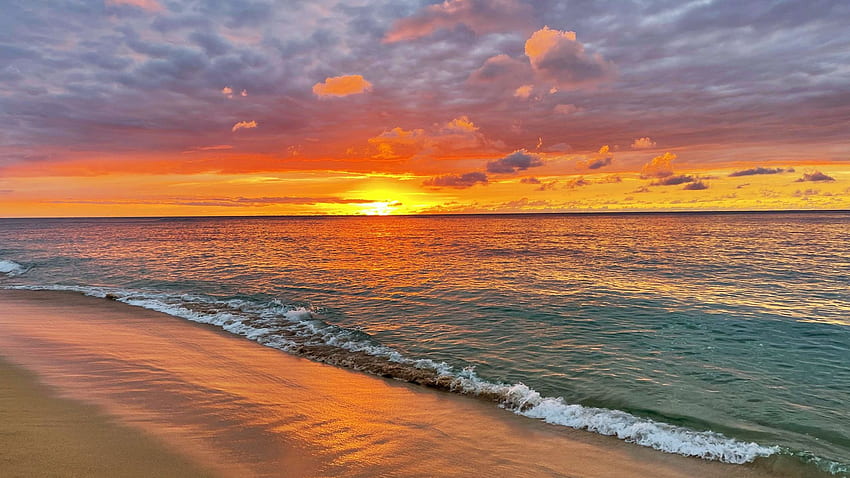 Сънсет плаж, Оаху, хавай, САЩ, крайбрежие, цветове, облаци, небе HD тапет