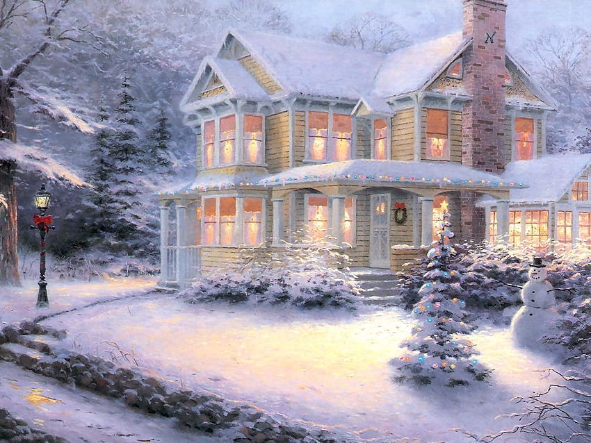 クリスマスの背景と。 トーマス・キンケードのクリスマス, トーマス・キンケードの絵画, キンケードの絵画, ヴィクトリア朝のクリスマスハウス 高画質の壁紙