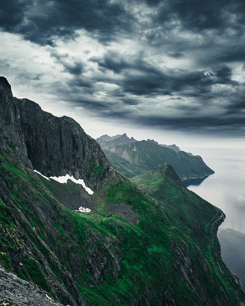 녹색 산, 해안, 자연, 산맥, 자연 HD 전화 배경 화면