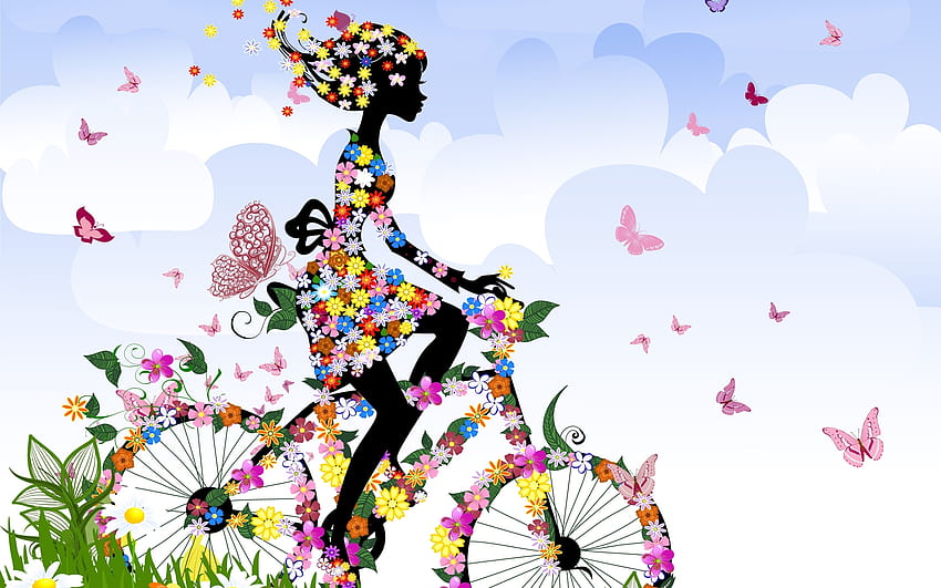 anime, Cartoon, Vector, Abstract, Art, Vehicles, Bicycle, Riding, Motion, Legs, Women, Females, Girls, Style, Color, Flowers, Insects, Butterfly, Sky, Clouds, Spring, Seasons / and Mobile Background HD wallpaper