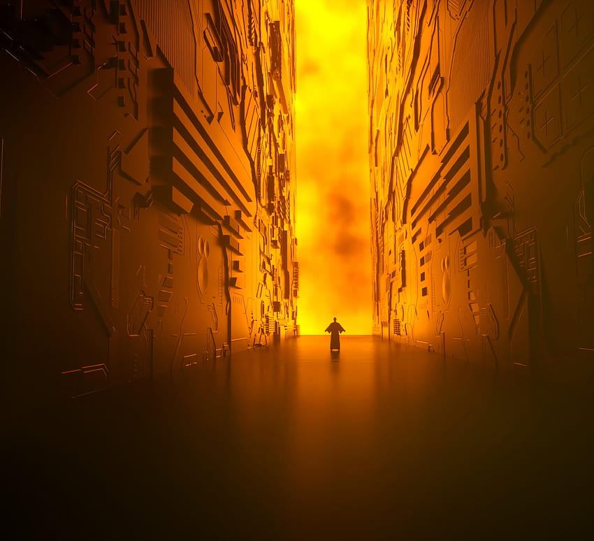 corridor, silhouette, glow, fire, light, walls, Firelight HD wallpaper