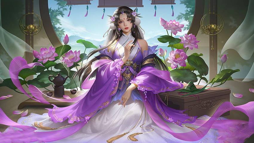 Lilac Lotus Beauty, arte, linda, menina, mulher, digital, fantasia, flores, lilás papel de parede HD