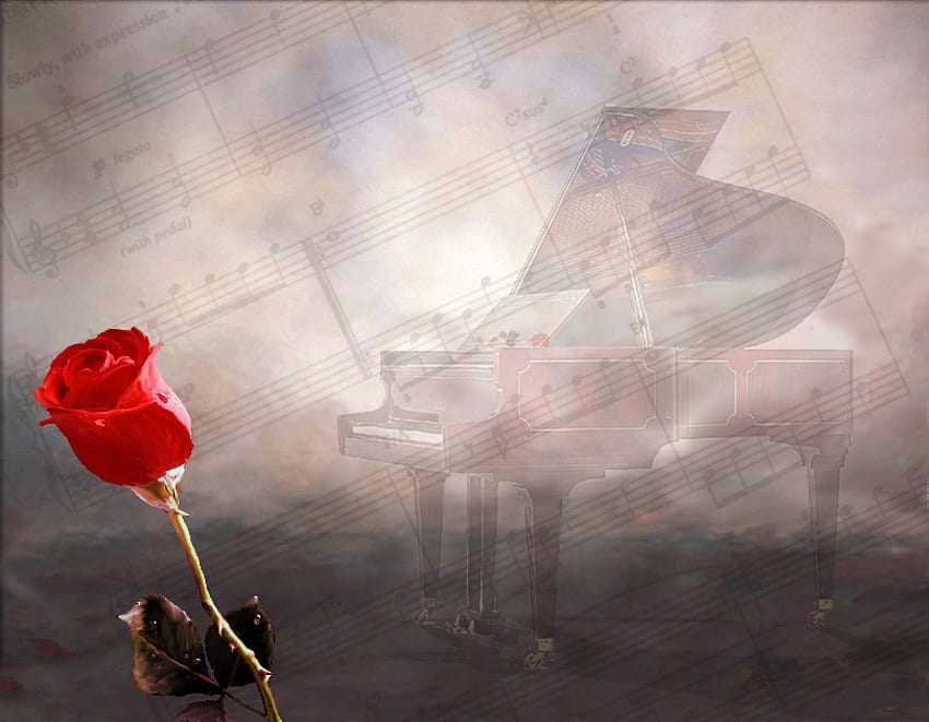 Mutlu Birtay Alexandra, gül, müzik, piyano, soyut, kırmızı, bulutlar HD duvar kağıdı