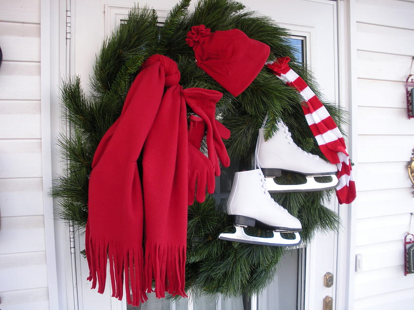 ω✿ω The wreath! ω✿ω, winter, white, merry christmas, childhood, stripes, door, love, green, red, nature, ice skates, forever, wreath HD wallpaper