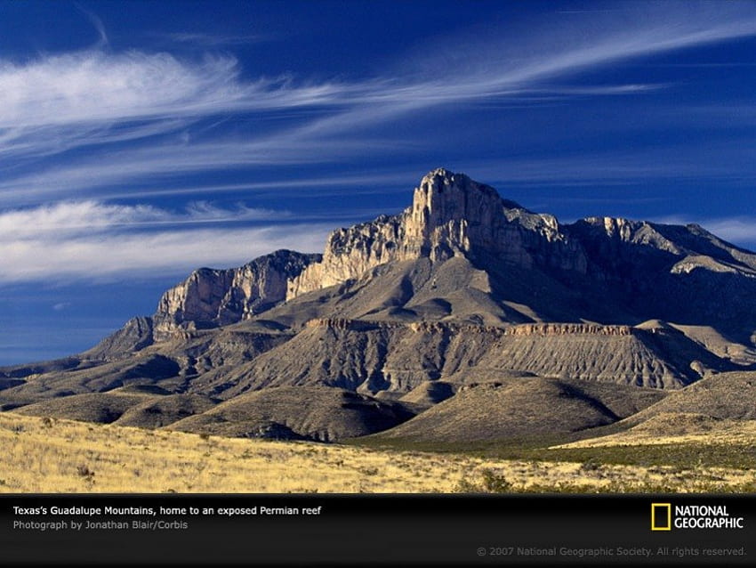 Guadalupe mountains - Permian period, blue, sand, graphy, , dinosaurs, nice, desert, amazing, mountains, cloud, national geographic, guadalupe, dinosaur, other, beautiful, mountain, prehistoric, prehistory, cool, paleontology, clouds, nature, sky, permian HD wallpaper