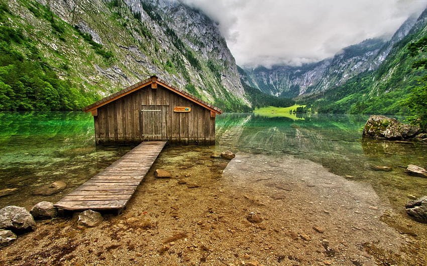 Obersee Mountain Lake In South Bavaria Germany Berchtesgaden National Park Wooden House For HD wallpaper