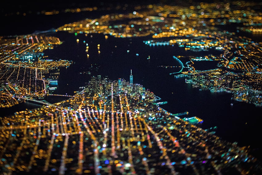 ニューヨーク市、ティルトシフト、アメリカ、夜、都市、空撮、都市景観、ライト、ボケ/およびモバイル& 高画質の壁紙