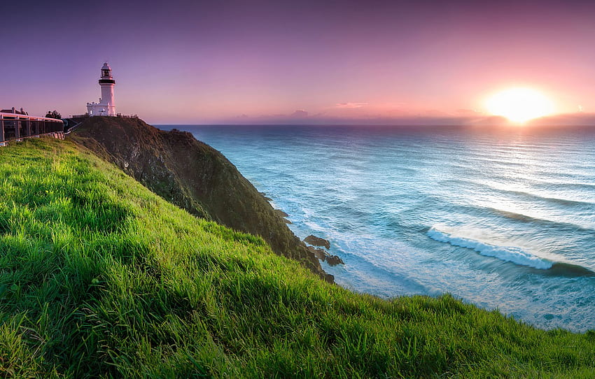 laut, matahari terbenam, mercusuar, ketinggian, Australia, Australia, Teluk Byron untuk , bagian пейзажи Wallpaper HD