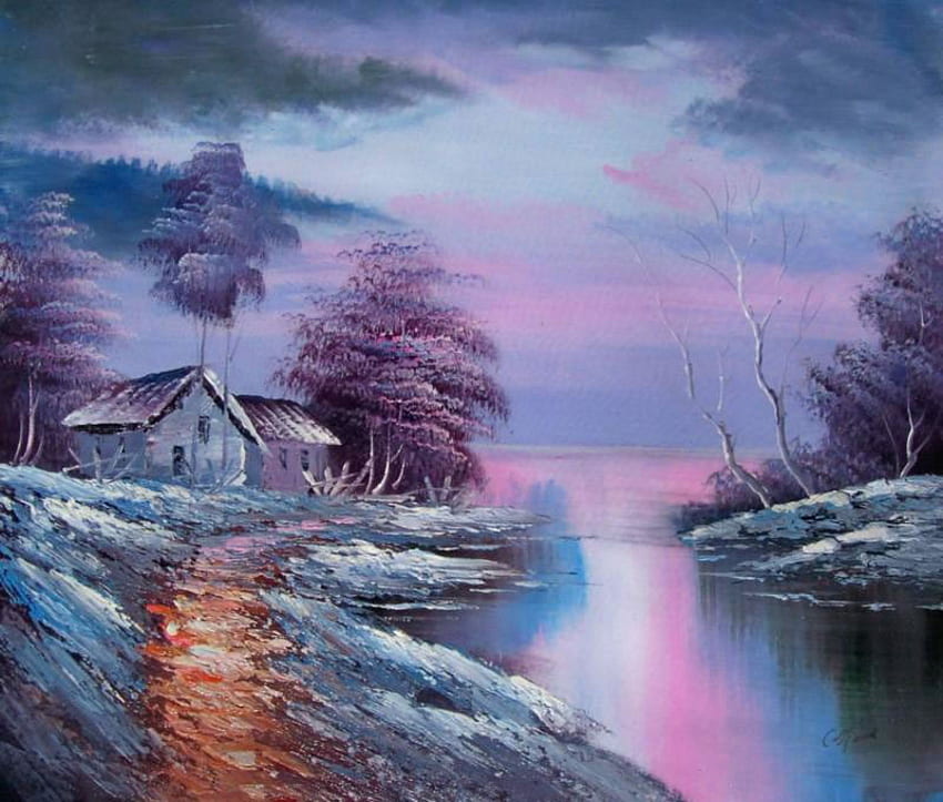 A Touch Of Violet, rivière, violet, maison, magnifique, arbres, ciel, soir Fond d'écran HD