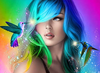 Artistic anime girl with rainbow colored hair 4K wallpaper download