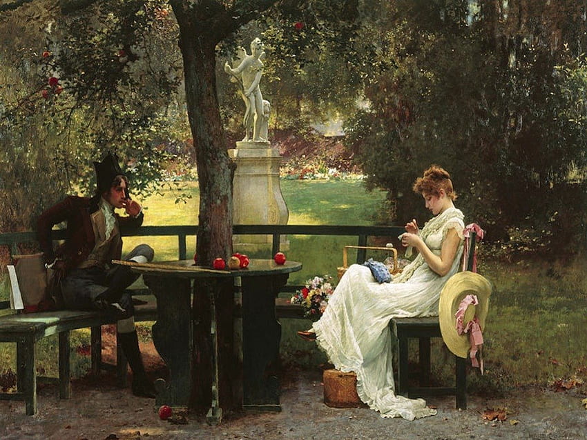 In Love - von Marcus Stone 1888, Malerei, Kunst, Liebe, romantisch, viktorianisch HD-Hintergrundbild