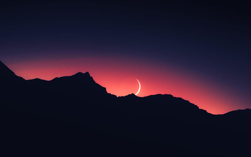 Sylwetka, noc, pasmo górskie, księżyc Tapeta HD
