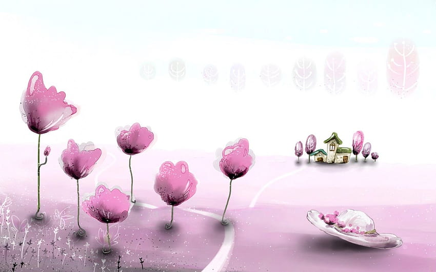 Sombrero y flores, árboles, flores rosas, sombrero, casa. fondo de pantalla