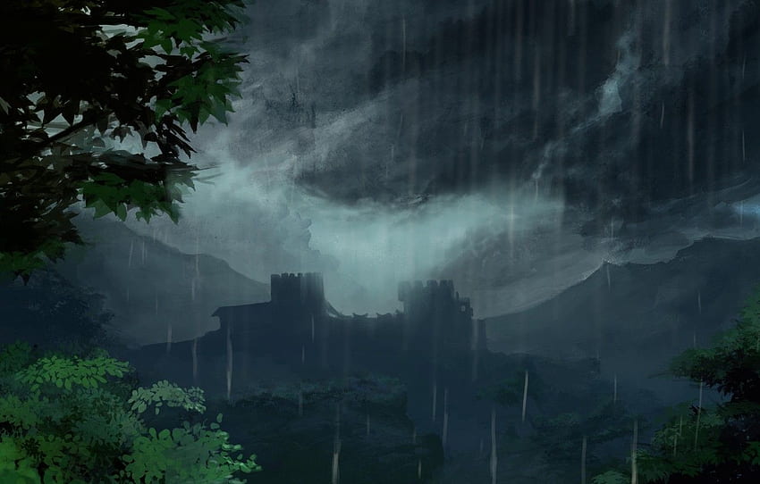 Blätter, Zweige, Schloss, Regen, schlechtes Wetter HD-Hintergrundbild