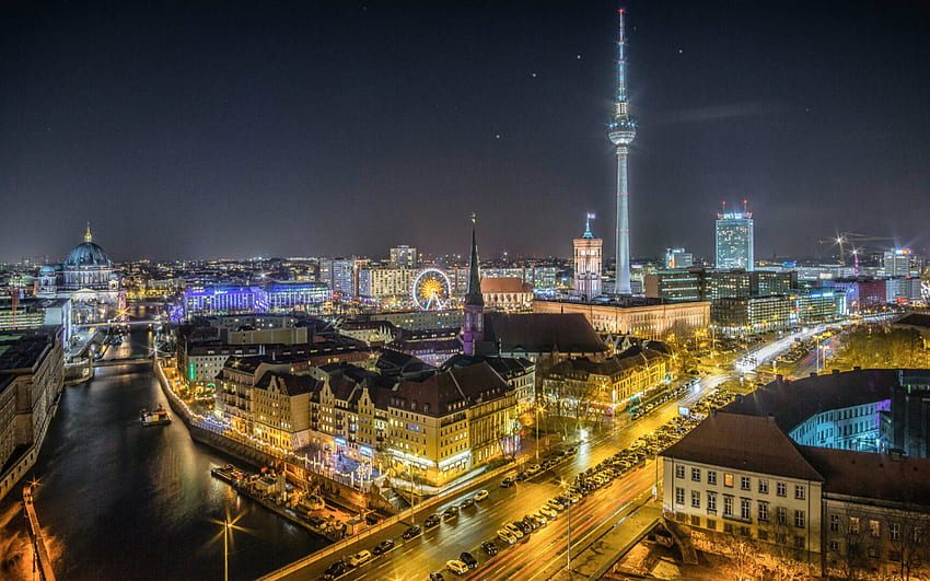 Берлин в нощния майор и най-големият град в Германия, най-добър за таблети и мобилни телефони, Берлин, Германия HD тапет