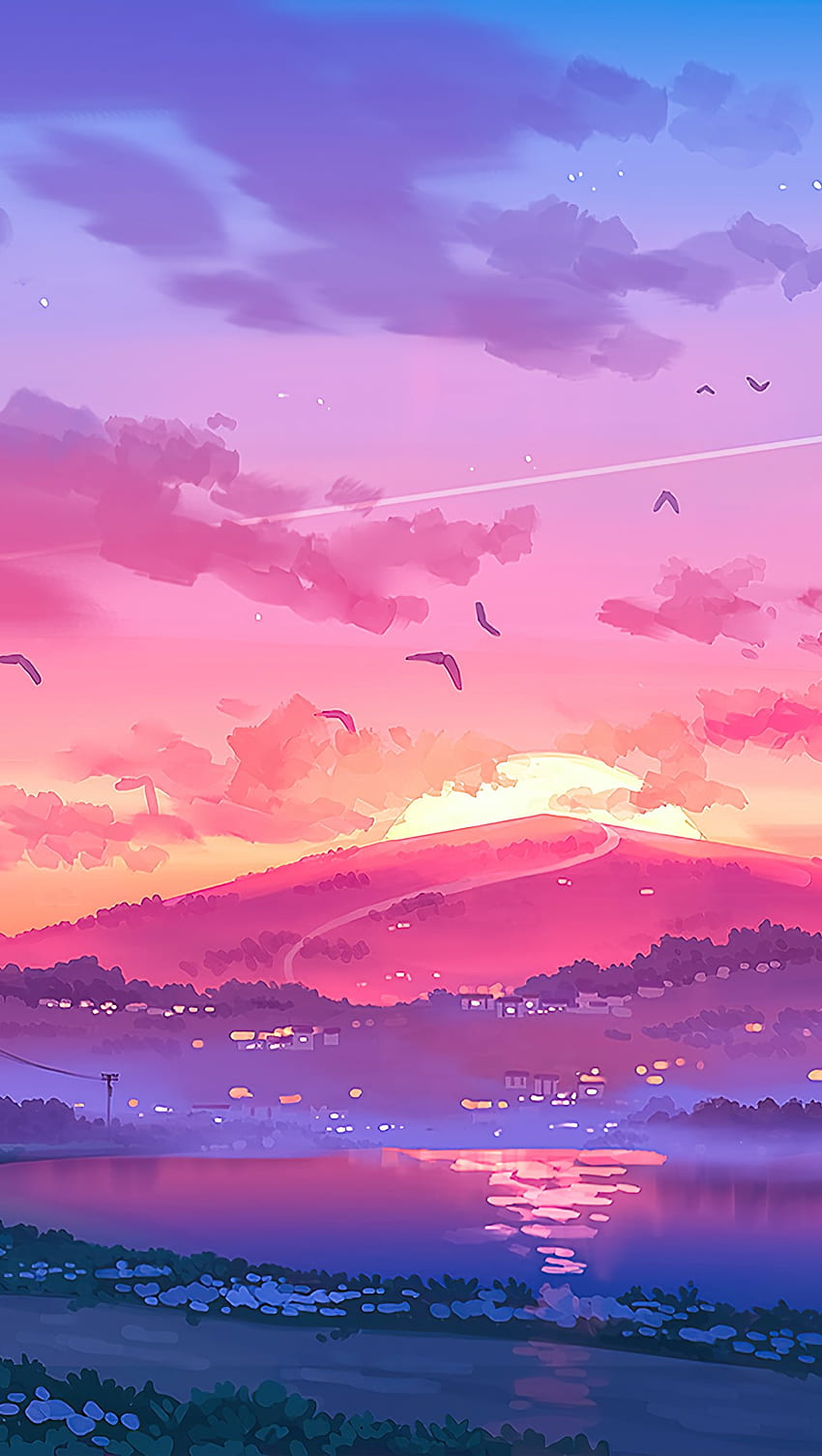 Sonnenuntergang in den Bergen Illustration Ultra, Anime Sunset Vertical HD-Handy-Hintergrundbild