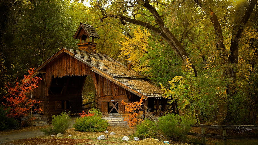 Old Autumn Barn, celeiro, outono, árvores, outono, fazenda, país, vintage, Firefox Persona theme papel de parede HD