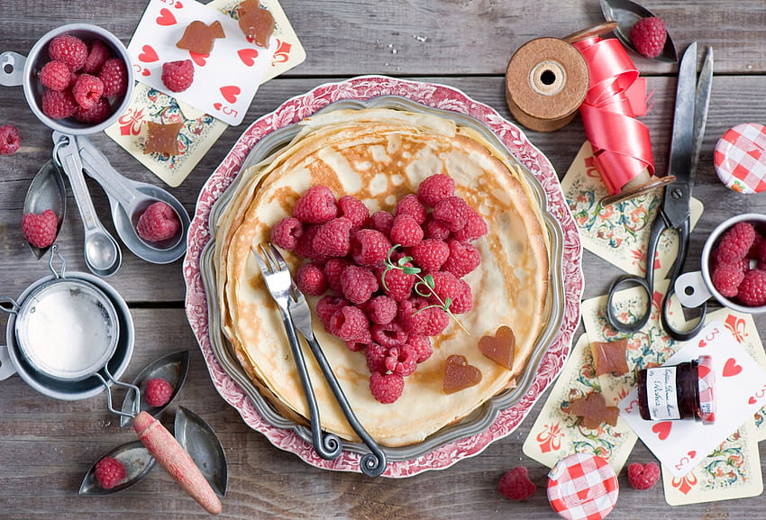 Pancakes, berries, sugar, berry, raspberry, food, breakfast, pancake, hearts, heart, raspberries HD wallpaper