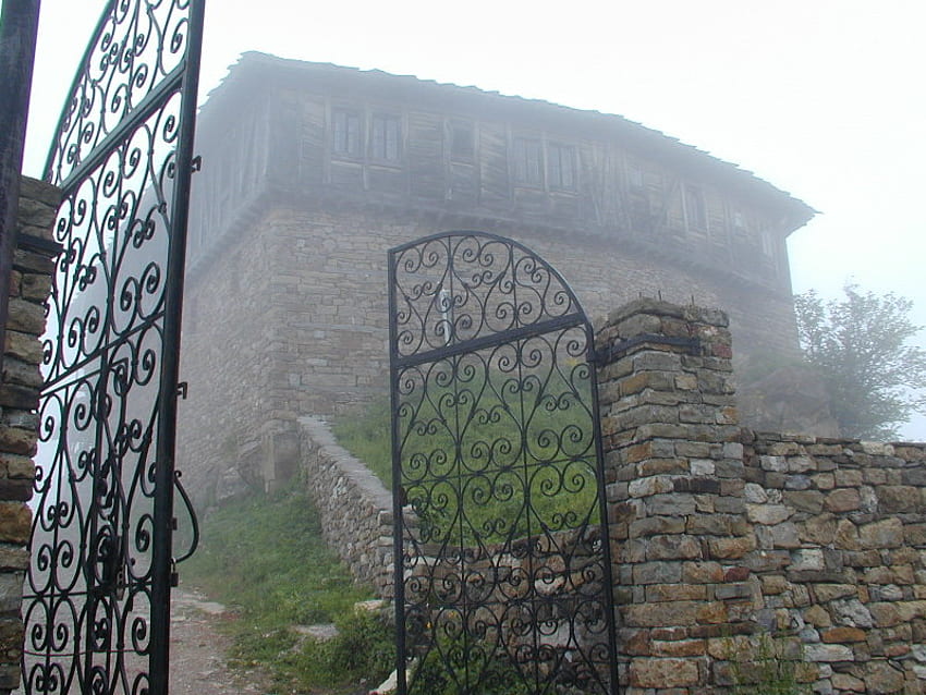 Glojenski Monastery, fog, door, graphy, house, monastery, bulgaria, iron HD wallpaper