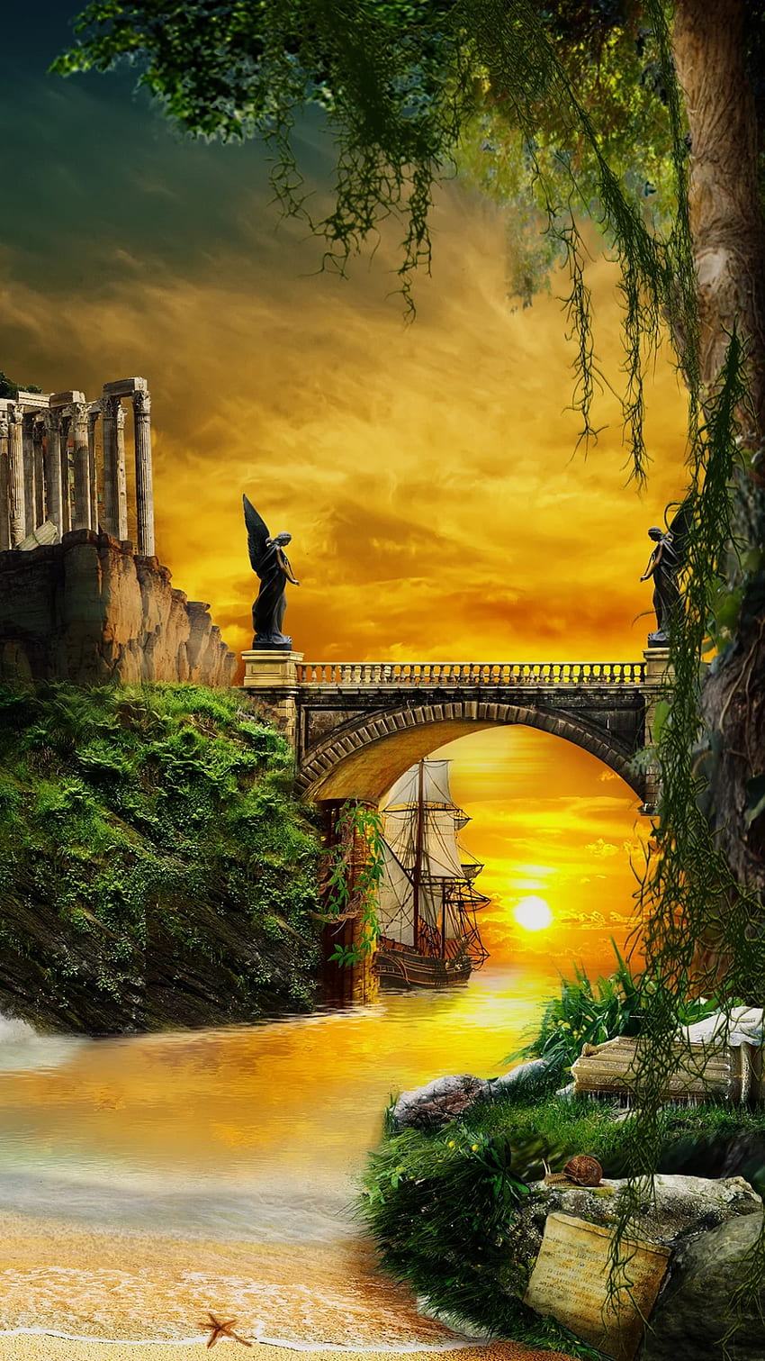 Fantasy, cloud, sky, statue, river, stone-bridge HD phone wallpaper