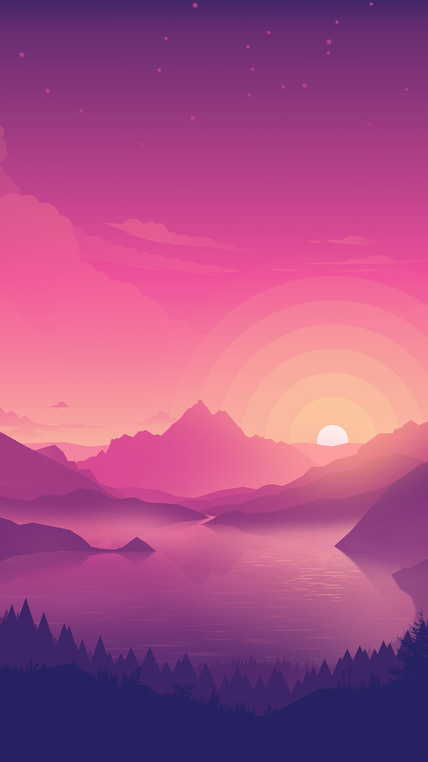 Lakeside, różowe niebo, zachód słońca, minimalistyczna sztuka, natura Tapeta na telefon HD