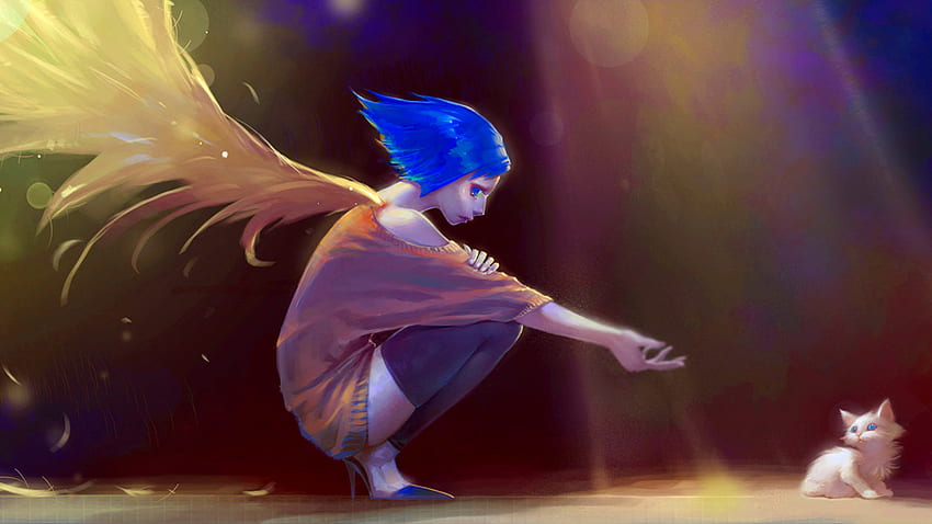 ... anime, angel, wings, cat, sadness, rain, dark, art HD wallpaper