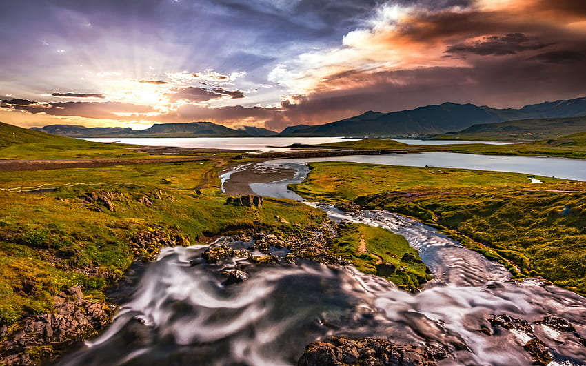 Kirkjufell River, evening, sunset, mountain landscape, valley, Kirkjufell mountain, Iceland HD wallpaper