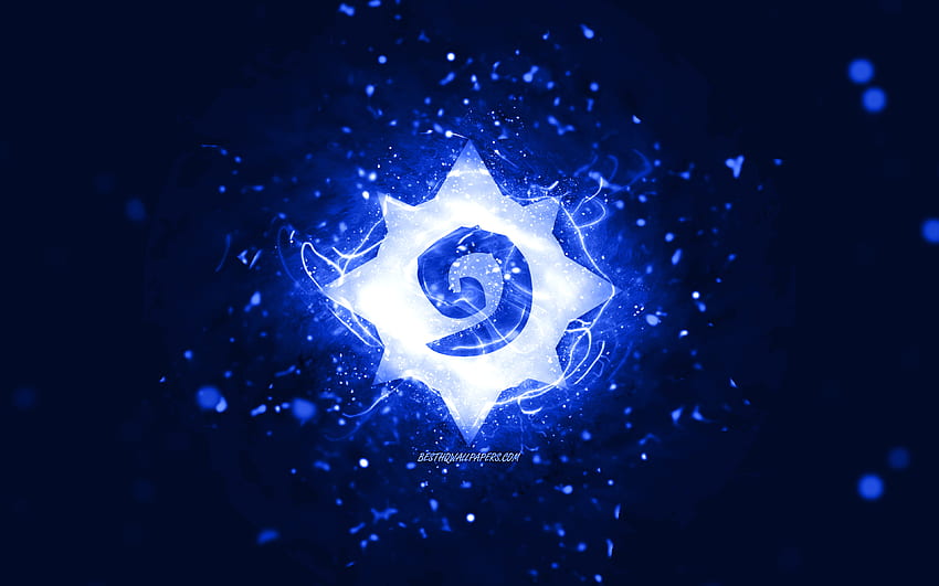 Logotipo azul escuro de Hearthstone, luzes de neon azuis escuras, criativo, plano de fundo abstrato azul escuro, logotipo de Hearthstone, jogos online, Hearthstone papel de parede HD