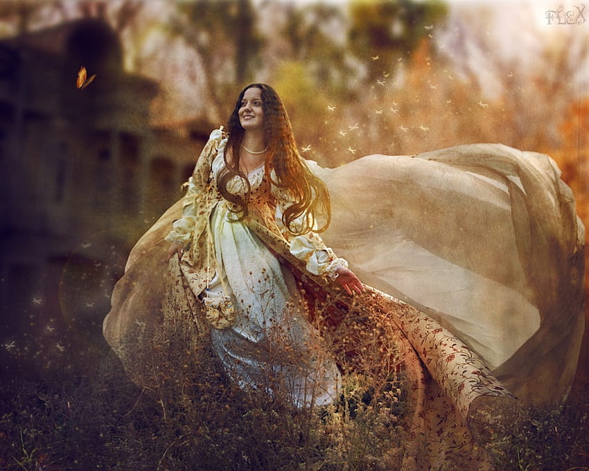 fairytale, golden, running, smile, dress, woman, fantasy, abstract, maiden, autumn HD wallpaper