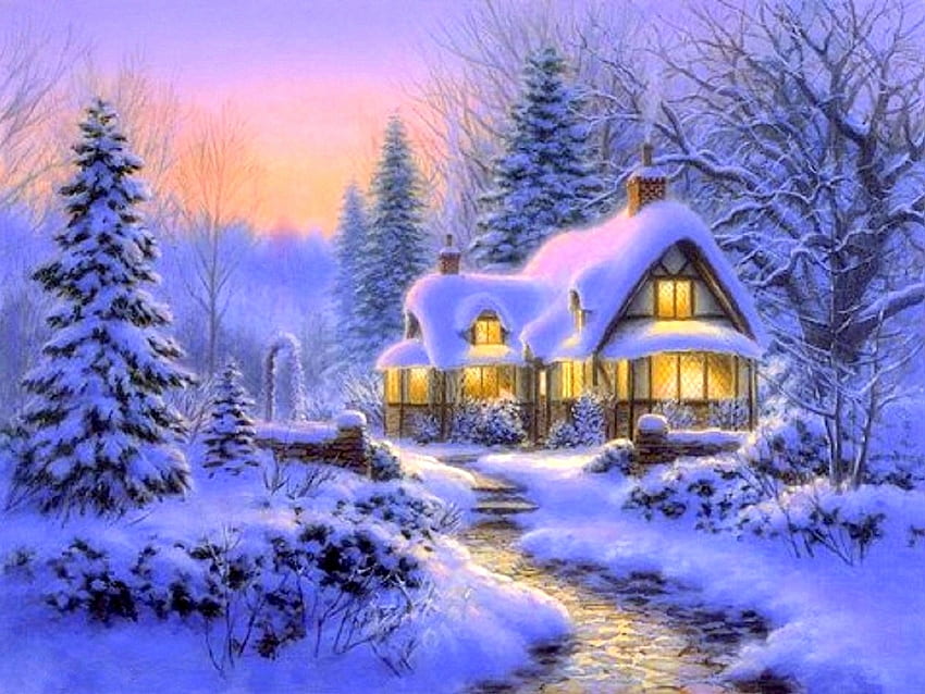 Winter's Blanket Cottage, winter, holidays, winter holidays, attractions in dreams, love four season, cottages, Christmas, snow, xmas and new year HD wallpaper