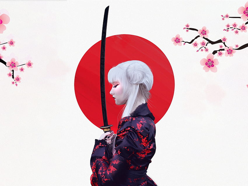 Japanese girl, kimono, sakura, sword, art , , Japanese Girl Art HD wallpaper