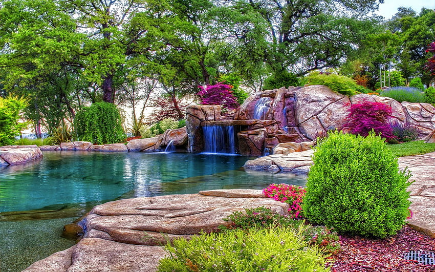 Gartenwasserfall, Entspannen, Steine, Felsen, Pool, Frühling HD-Hintergrundbild