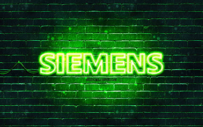 Зелено лого на Siemens, , зелена тухлена стена, лого на Siemens, марки, неоново лого на Siemens, Siemens HD тапет