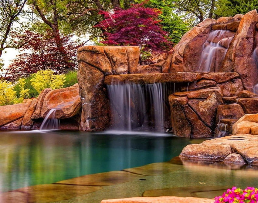 Красиви цветни градини Водопади, Впечатляваща, Невероятна декорация, Скали, Водопад HD тапет