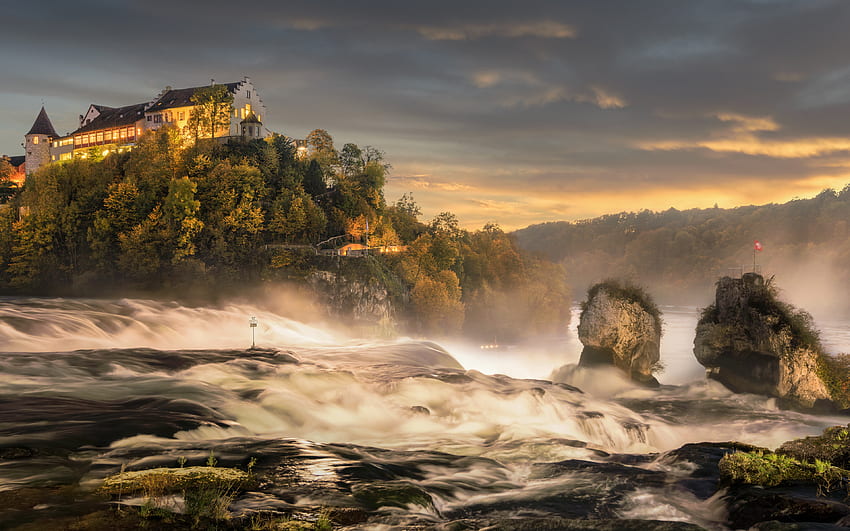 Rheinfall, waterfall, evening, sunset, Schloss Laufen, beautiful waterfall, Dachsen, Switzerland HD wallpaper
