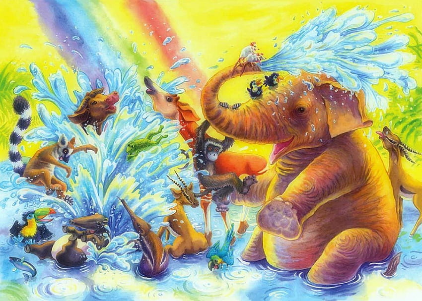 ★Waterhole & Under Rainbow★, маймуни, картини, дъги, waterhole, творчески готови, лято, жирафи, обичам четири сезона, слонове, дива природа, животни, природа, пръски HD тапет
