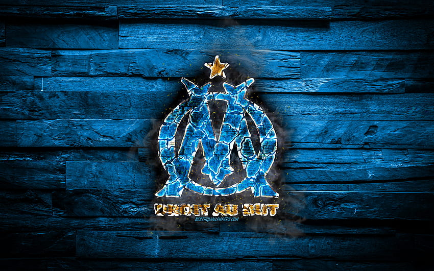 Olympique Marseille FC, fiery logo, OM, Ligue 1, blue wooden background, french football club, grunge, Olympique de Marseille, football, soccer, Olympique Marseille logo, fire texture, France for with resolution HD wallpaper
