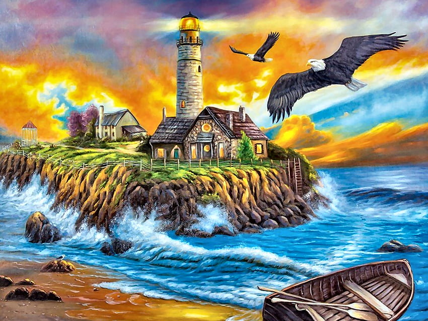 Sunset Cove Lighthouse F1, łódź, latarnia morska, architektura, sztuka, piękny, orły, dzieło sztuki, sceneria, szeroki ekran, , pejzaż morski, zachód słońca Tapeta HD