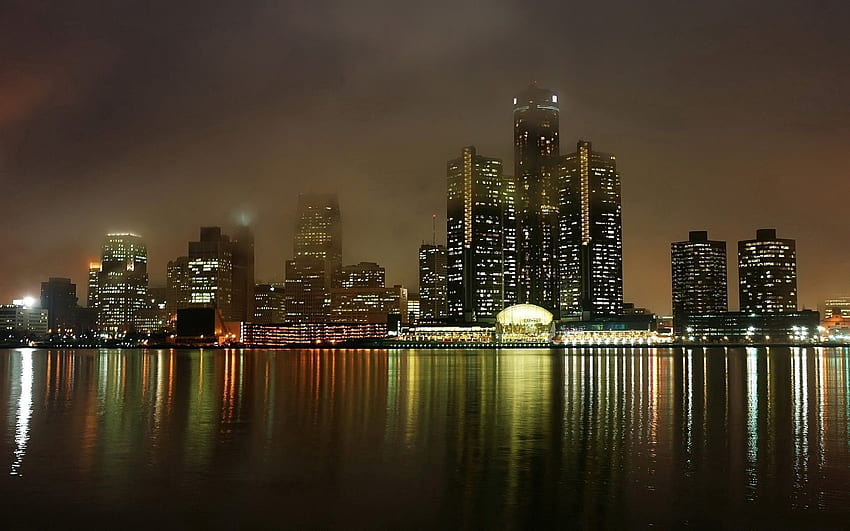 Landscape, Cities, Water, Houses, Sea, Night, Usa, Building, Lights, Reflection, Fog, Ocean, Skyscrapers, United States, Megapolis, Megalopolis, View, Bay, America, Embankment, Quay, Michigan, Detroit HD wallpaper