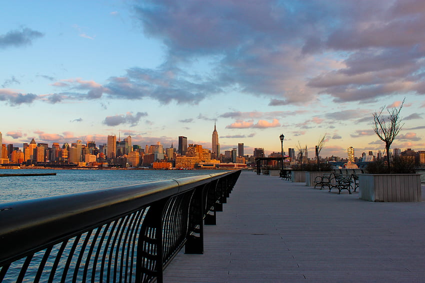 Städte, Wasser, Sonnenuntergang, Stadt, Wolkenkratzer, Abend, New York, Damm, Kai, Ny HD-Hintergrundbild