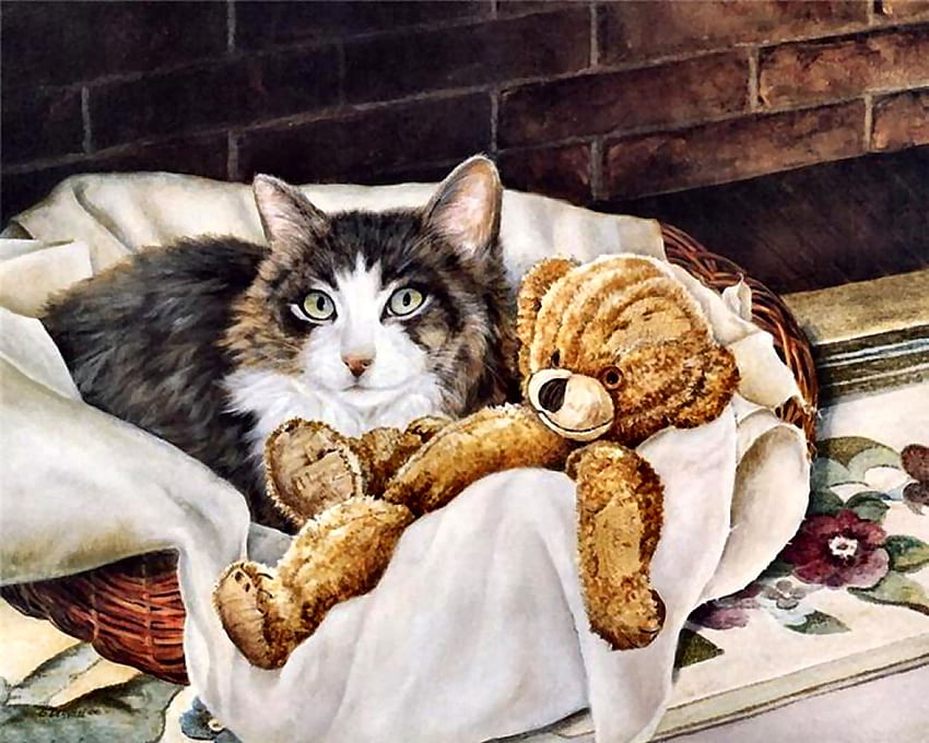Tabby Cat and Teddy FC, animal, art, cats, teddybear, feline, beautiful, artwork, teddy bear, wide screen, painting, pets HD wallpaper