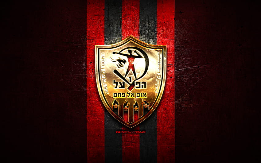 Hapoel Umm al-Fahm FC, golden logo, Leumit League, red metal background, football, Israeli football club, Hapoel Umm al-Fahm logo, soccer, Hapoel Umm al-Fahm HD wallpaper