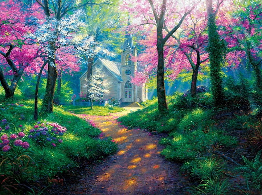 春、カラフル、チャペル、平和、美しい、教会、ピンク、きれい、木々、素敵、森 高画質の壁紙