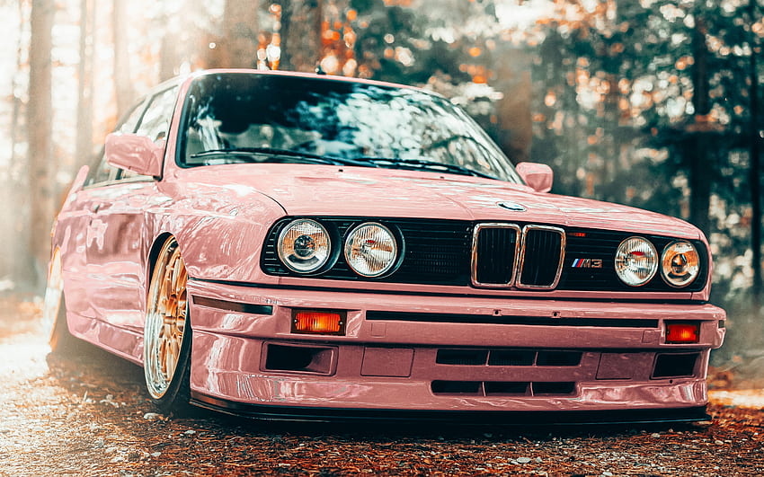 BMW M3 E30, tuning, pink M3 E30, gold wheels, M3 E30 tuning, front view, exterior, german cars, BMW HD wallpaper