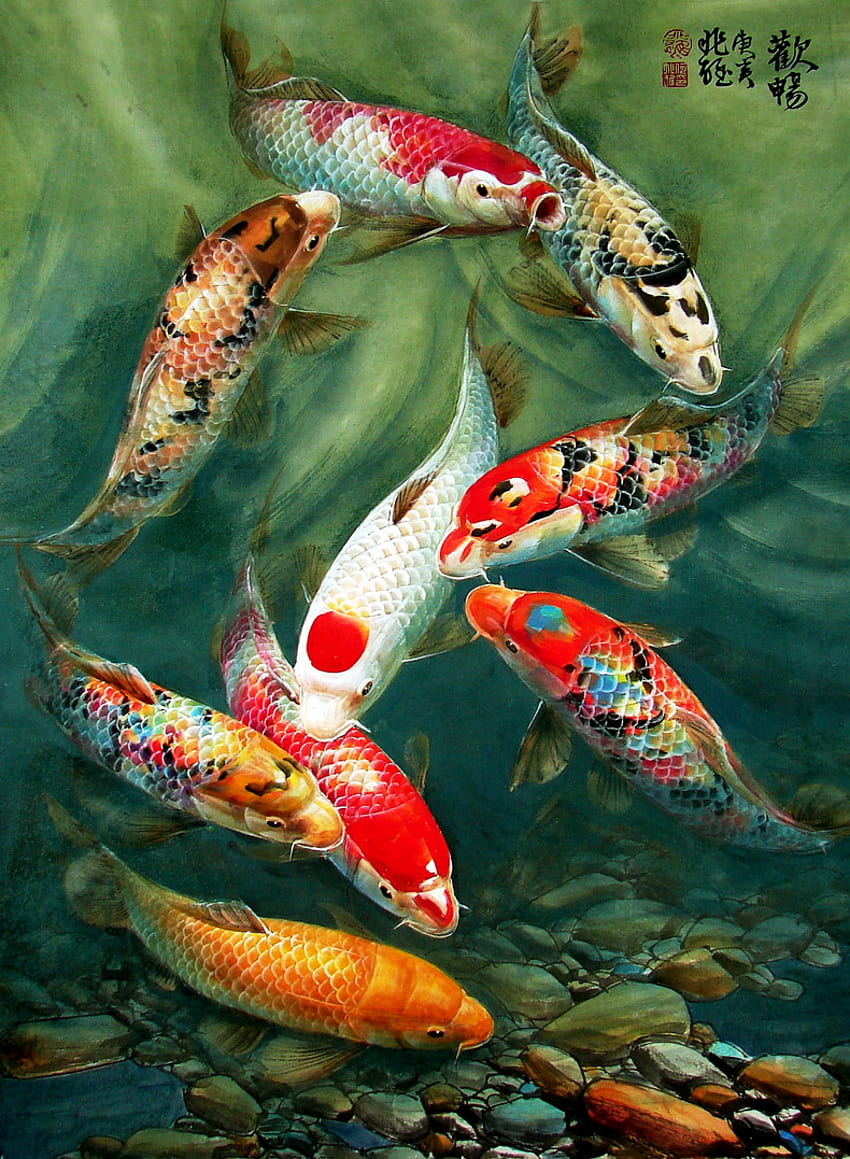 Peinture murale décorative murale 3D personnalisée du couloir d'entrée neuf cartes de poissons Koi m. poisson koï. construction d'étang à poissons koicadeaux koi Fond d'écran de téléphone HD