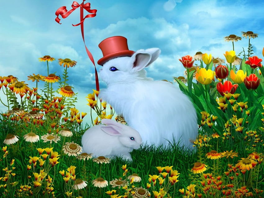 Великденска радост, бяло, забавление, зайци, поляна, красиво, трева, яйца, зайче, красиво, свежест, цветя, балон, небе, Великден, радост HD тапет
