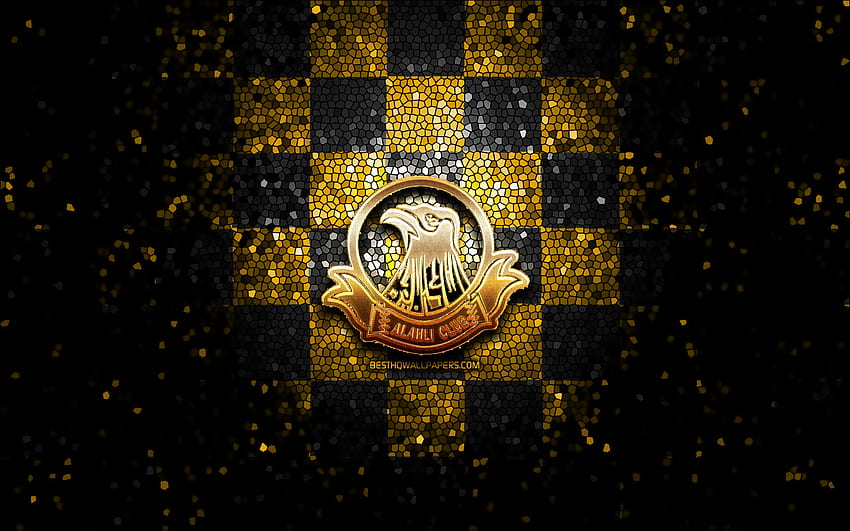 Al-Ahli SC, glitter logo, Bahraini Premier League, yellow black checkered background, soccer, japanese football club, Al-Ahli SC logo, mosaic art, Al-Ahli Club of Manama, football, Al-Ahli Manama FC, Al-Ahli Club HD wallpaper