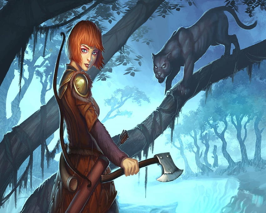 Hunter Or Prey ?, night, panther, hatchet, trees, woman, bow HD wallpaper