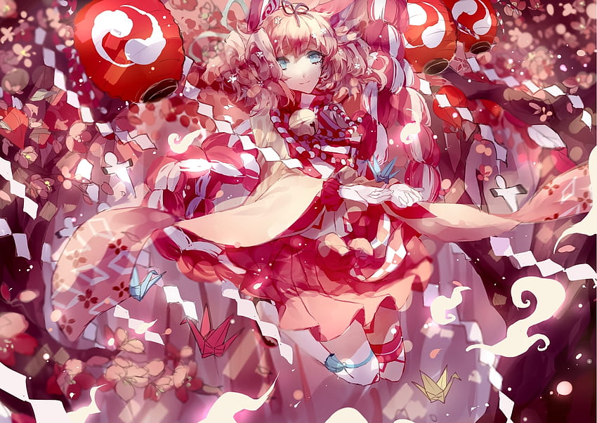 Spring, girl, pink, anime, sakura, red, cui, lantern, manga HD wallpaper