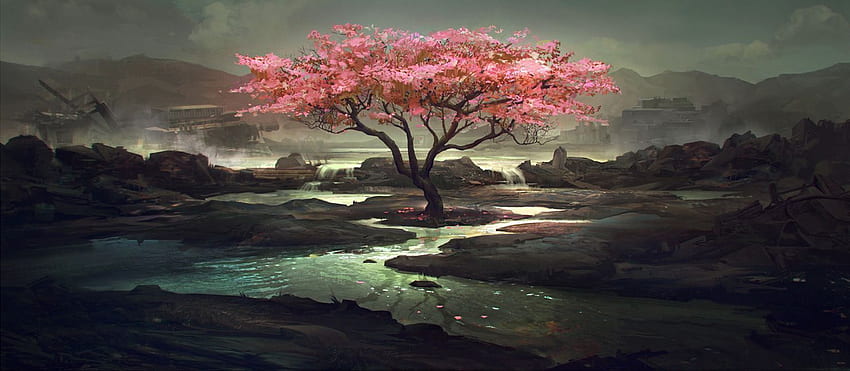 chinese mountains and cherry blossoms. Love Coolvibe? Please share!. Tree painting, Painting, Sakura art HD wallpaper